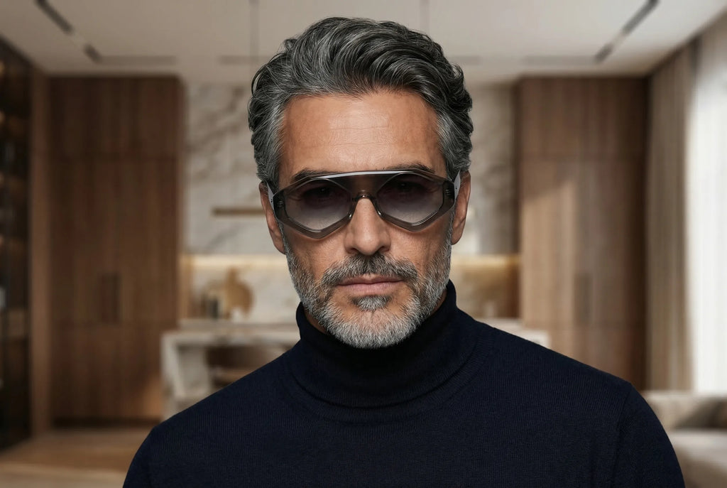 Vista frontale occhiali Marzocco 3.0 grigio eyewear contemporaneo made in Italy indossato premium 