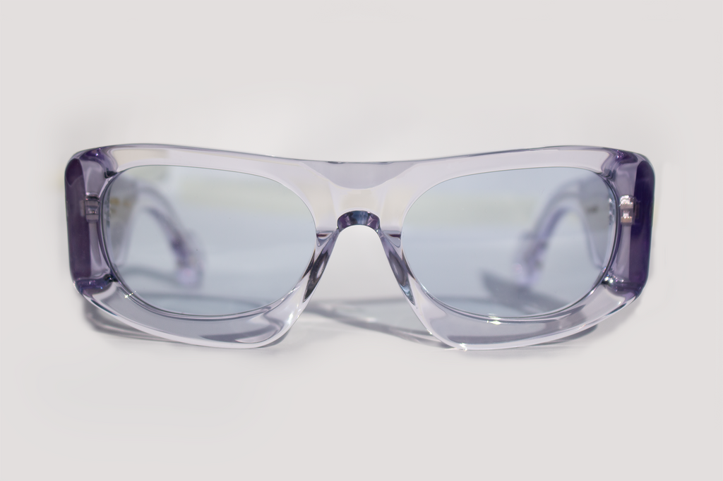 Occhiali da sole Ray Charles in acetato cristallo trasparenti artigianale italiano, montatura avvolgente elegante design contemporaneo