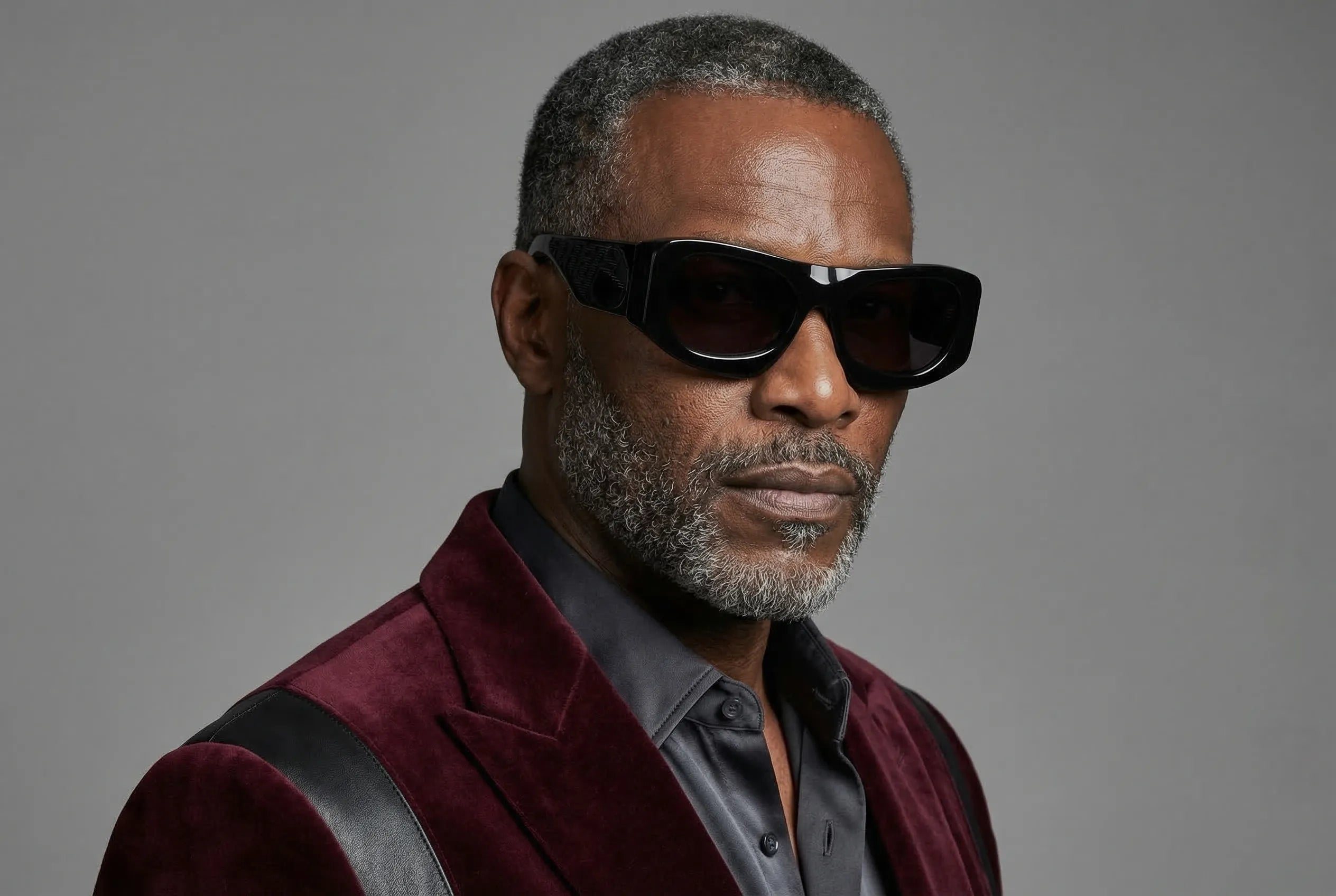 Occhiali da sole Ray Charles in acetato nero artigianale italiano, montatura avvolgente elegante design contemporaneo inserto in velluto fiorentino, indossato uomo 