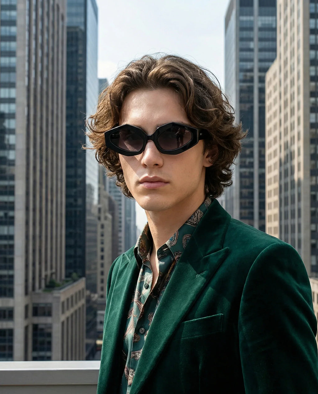Modello nero indossa occhiale Roma acetato premium nero inserto velluto fiorentino