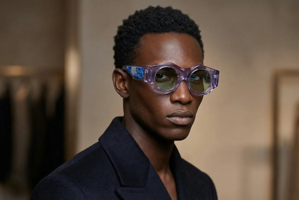 Modello indossa dettaglio frontale occhiali da sole Spike Lee color cristallo trasparente, montatura rotonda in acetato italiano premium statement oversized